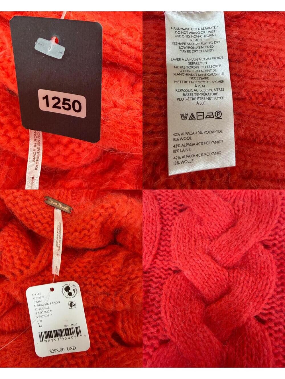 $298 FREE PEOPLE Clementine Soft Spun Cable Knit Pullover Orange Tango Sz L#1250 - Picture 2 of 11